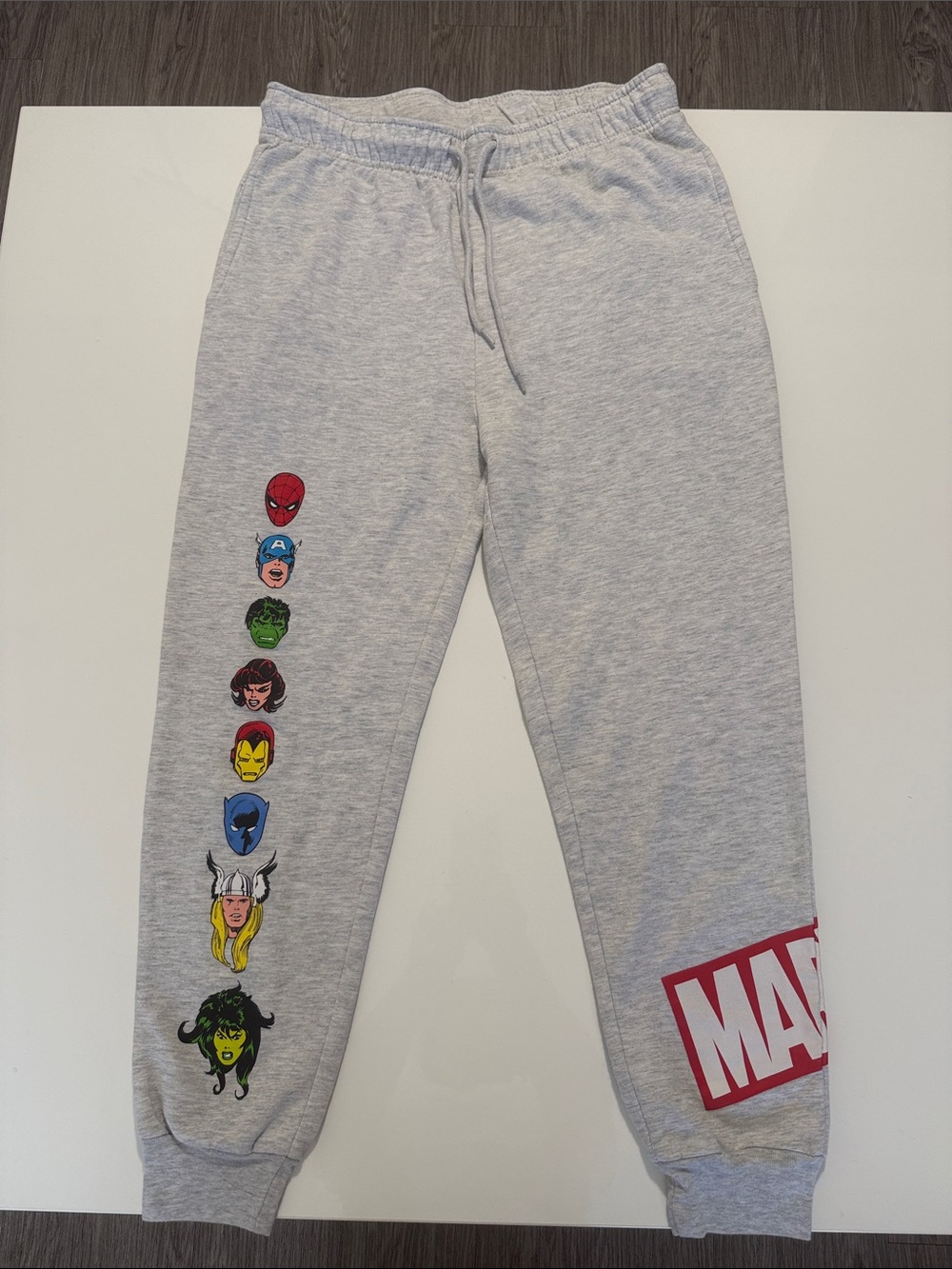 Marvel Light Gray Joggers with Vertical Character Icons Sz M
